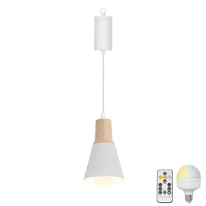 Rechargeable Battery Remote Brightness Adjusted LED Retro Pendant Light Wood Base Black/White Shade