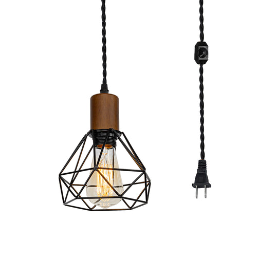 Plug In Outlet Corded Dimmable Hanging Light Walnut Base Metal Hollow Shade Retro Living Lamp