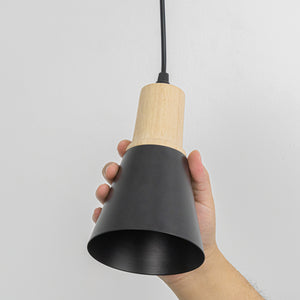 Rechargeable Battery Remote Brightness Adjusted LED Retro Pendant Light Wood Base Black/White Shade