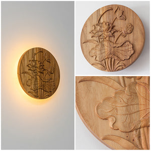 Lotus Pattern Hand-carved Wooden Light Home Decor Convenient Hook Wall Sconce Battery Remote Background Dimmable Light