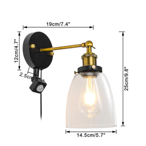 Motion Sensor Light 5.9 Feet Outlet Type Cord Clear Glass Cone Shade Vintage Wall Sconce Hallway