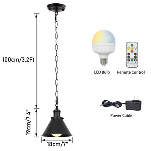 Rechargeable Battery Smart LED Bulb Remote Control Pendant Light Iron Chain Black Metal Light