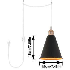 French Gold Base Black Cone Metal Shade Swag Plug-in Dimmable Pendant Light
