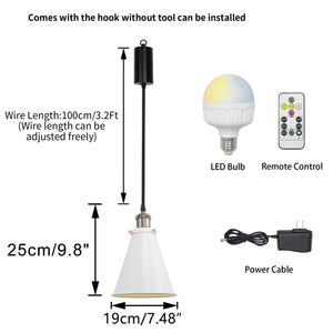 Rechargeable Battery Adjusting Cord Pendant Light White Or Black Metal Shade Smart LED Bulbs with Remote Retro Design
