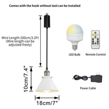 Load image into Gallery viewer, Rechargeable Battery Adjusting Cord Pendant Light White Or Black Metal Cone Shade Smart LED Bulbs with Remote Retro Design