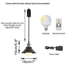 Load image into Gallery viewer, Rechargeable Battery Adjusted Cord Pendant Light Black Metal Shade Smart LED Bulbs with Remote Vintage Design