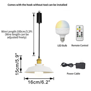 Rechargeable Battery Adjustable Cord Pendant Light Gold Base With Metal Shade Smart LED Bulbs with Remote Retro Design