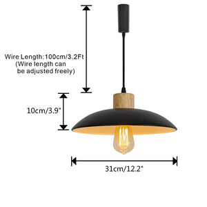 Black Metal Saucer Shape E26 Wood Base Retro Track Light 3.2 Ft Adjusted Height Freely