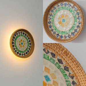 Handcrafted Shell With Rattan Rounded Lighting Convenient Hook Wall Sconce Go Wire-Free Battery Background Dimmable Light
