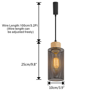 E26 Wood Base Black Metal Hollow Shade Retro Track Light 3.2 Ft Adjusted Height Freely