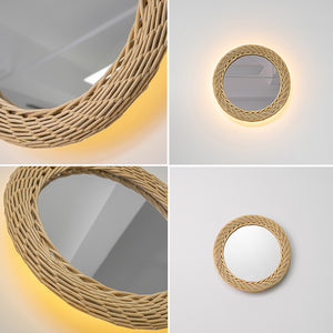 High-Quality Handmade Rattan Decorative Lamp With Mirror Convenient Hook Vintage Wall Sconce Remote Battery Run