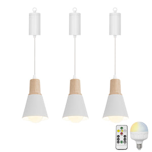 Rechargeable Battery Remote Brightness Adjusted LED Retro Pendant Light Wood Base Black/White Shade