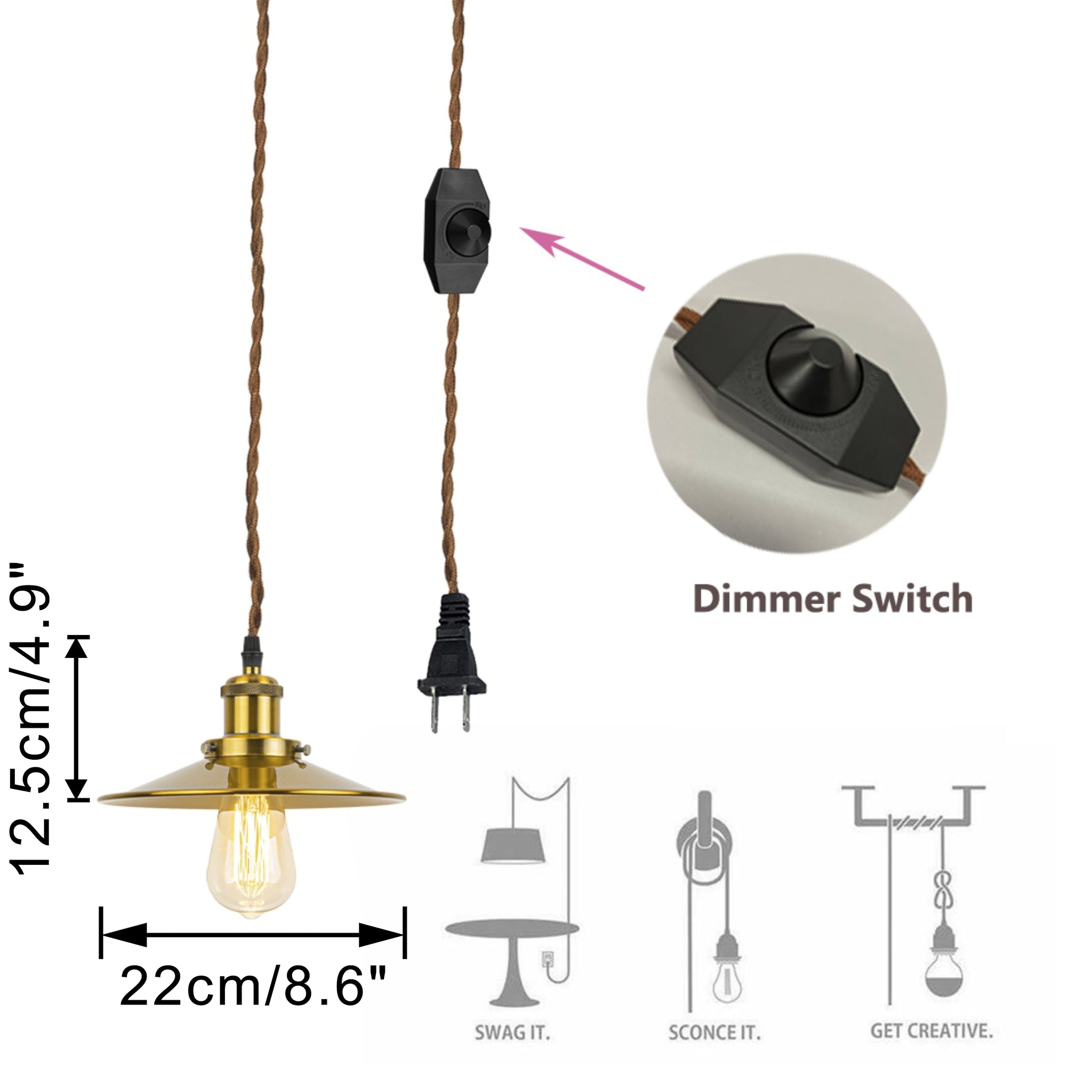 Hanging Light Plug In Dimmable Corded Gold Living Lamp Modern Design