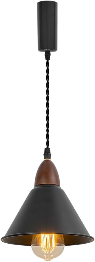 E26 Walnut Base Black Metal Lampshade 3.2 Ft Adjusted Cord Vintage Track Pendant Light For Home