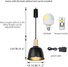 Load image into Gallery viewer, Battery Remote LED Bulb Adjusted Cord Vintage Hanging Light Dimming Timing Wood Base Black Shade