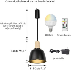 Battery Remote LED Bulb Adjusted Cord Vintage Hanging Light Dimming Timing Wood Base Black Shade