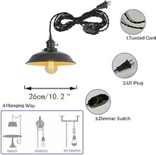 Load image into Gallery viewer, Black Switch E26 Base Metal Shade Wired Pendant Light Plug in 15 Or 19.6 Ft Dimmer Switch Cable