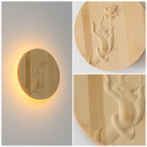 Lotus Pattern Hand-carved Wooden Light Home Decor Convenient Hook Rounded Wall Sconce Battery Remote Background Dimmable Light