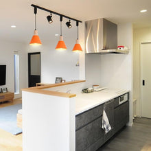 Load image into Gallery viewer, Track Lamp Orange Lampshade Wood Base Adjusted Cord Contemporary Track Pendant Light