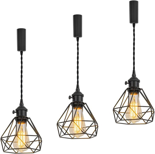 Black Switch Base with Metal Diamond Shape Hollow Shade Adjusted Cord Vintage Track Pendant Light