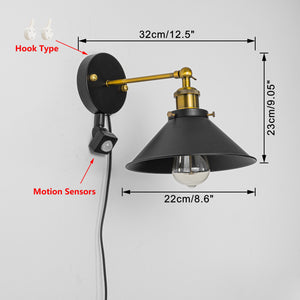 Motion Sensor Light 5.9 Feet Outlet Type Cord Adjusted Angle Metal Retro Wall Lamp Bulb Included