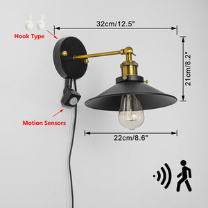 Motion Sensor Light 5.9 Feet Outlet Type Cord Adjusted Angle Metal Retro Wall Lamp Entrance