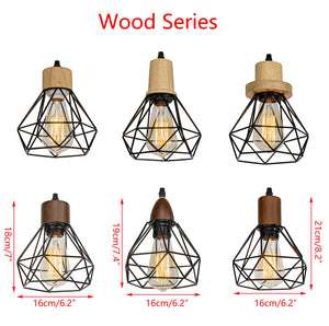 Plug In Outlet Corded Dimmable Hanging Light Walnut Base Metal Hollow Shade Retro Living Lamp