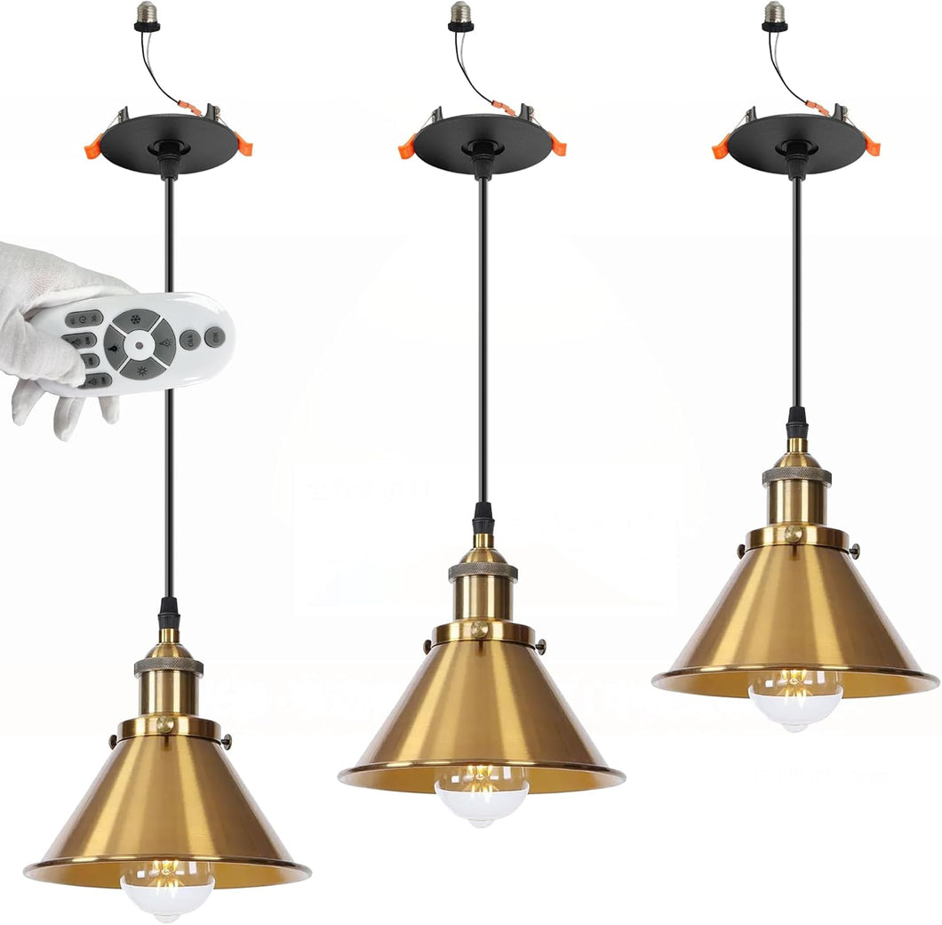 3-Sets Recessed Pendant Light Industrial Style Adjustable Height Remote Control for Dining Room