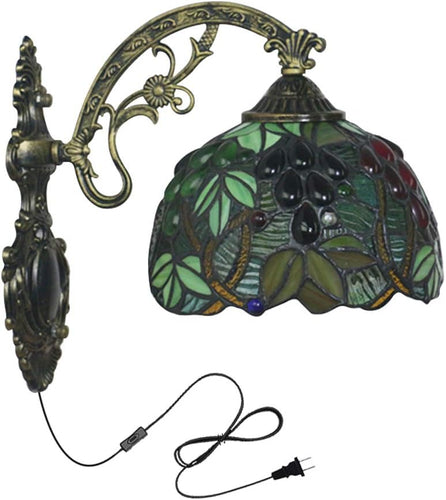 Tiffany Wall Lamp with Plug-in Button Black Cord Glass Leaves Lampshade Fixtures for Kitchen Hotel