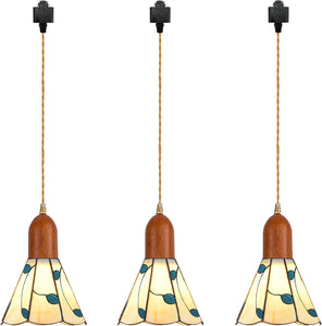 3-Lights Track Pendant Light Wood Socket Industrial Shade Leaves Freehand Glass Shape for Kitchen