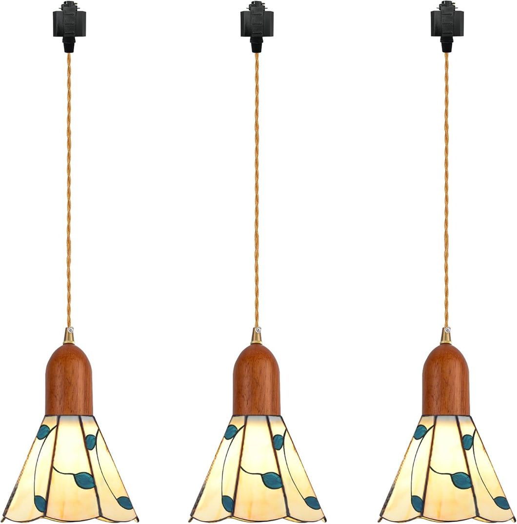 3-Lights Track Pendant Light Wood Socket Industrial Shade Leaves Freehand Glass Shape for Kitchen