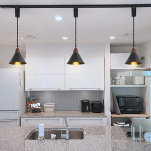 E26 Walnut Base Black Metal Lampshade 3.2 Ft Adjusted Cord Vintage Track Pendant Light For Home
