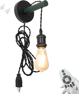 Handle Adjusted Dark Green Wall Sconce Plug-in Cord Wooden Control Timer Smart Bulbs for Home Decor