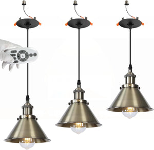 3-Sets Recessed Pendant Light Industrial Style Adjustable Height Remote Control for Dining Room