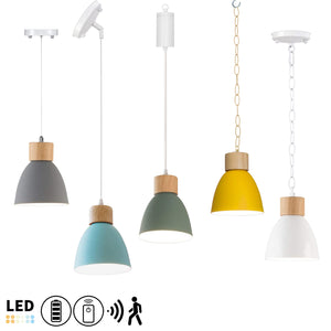 Customized Adjusted Cord Battery Pendant Lamp Macaron Aluminum Shade Wood Base Remote Smart LED Bulb