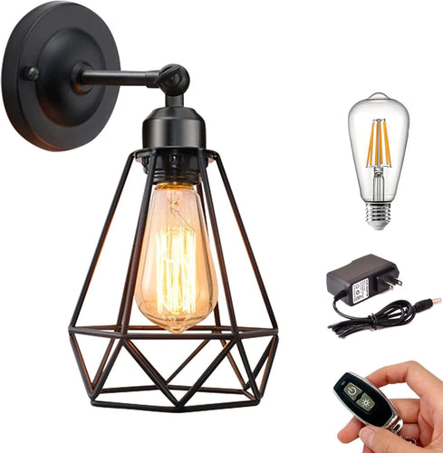 Rechargeable Wall Sconces Retro Iron Cage Battery Operated with Remote Control Fixture for Bedroom