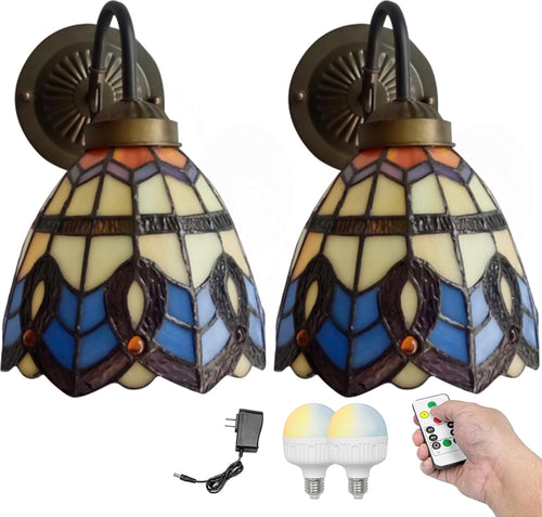 Battery Operated Wall Lights with Glass shade Set of 2 Wall Lighting Fixture for Vanity Desk Bedside