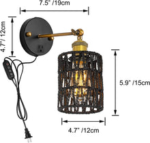 Load image into Gallery viewer, Black Twine Natural Rattan Wall Lamp Adjustable Plug-in Cord Dimmer Timer Plant Light for Bedroom