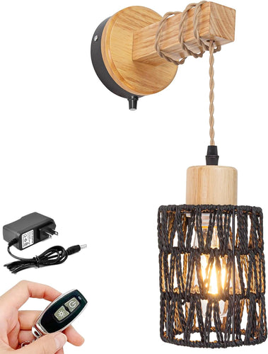 Black Wall Sconce Rechargeable Dimmable LED Wooden Wall Hanging for Rustic Home Decor