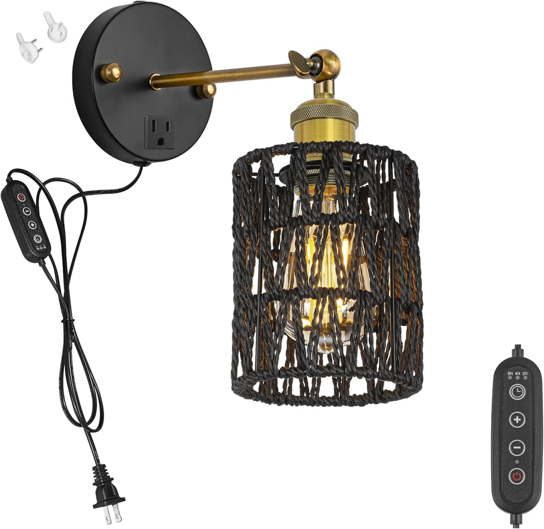 Black Twine Natural Rattan Wall Lamp Adjustable Plug-in Cord Dimmer Timer Plant Light for Bedroom