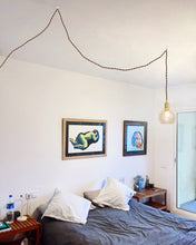 Load image into Gallery viewer, Hanging Light Plug In Corded Cracked Glass Shade Brass Base Living Lamp Modern Design