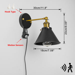 Motion Sensor Light 5.9 Feet Outlet Type Cord Adjusted Angle Metal Vintage Wall Lamp Bulb Included