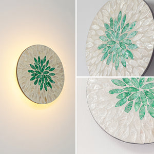 Handcrafted Shell With Green Leaf High Quality Home Decor Convenient Hook Wall Sconce Go Wire-Free Battery Background Dimmable Light