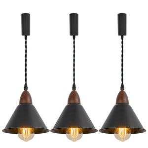 E26 Walnut Base Black Metal Lampshade 3.2 Ft Adjusted Cord Vintage Track Pendant Light For Home