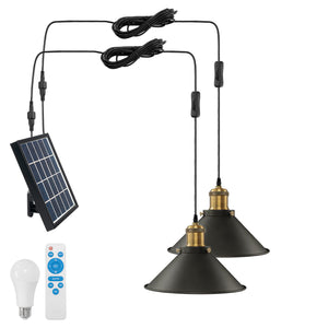 Solar Power Pendant Iron Cone Retro Light with LED Bulb Button Switch Remote