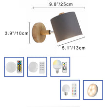 Load image into Gallery viewer, Customized Bulb Battery Wireless Wood Base Cylinder Shade Adjustable Wall Sconce(Grey/White/Green)