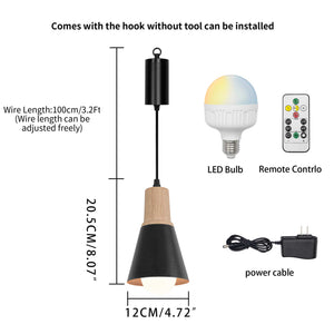 Rechargeable Battery Remote Brightness Adjusted LED Retro Pendant Light Wood Base Black/White Shade