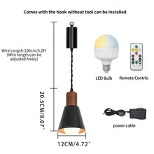 Load image into Gallery viewer, Rechargeable Battery Remote Brightness Adjusted LED Retro Pendant Light Walnut Base Black/White Shade