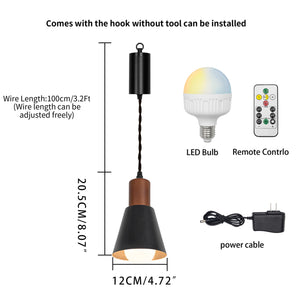 Rechargeable Battery Remote Brightness Adjusted LED Retro Pendant Light Walnut Base Black/White Shade