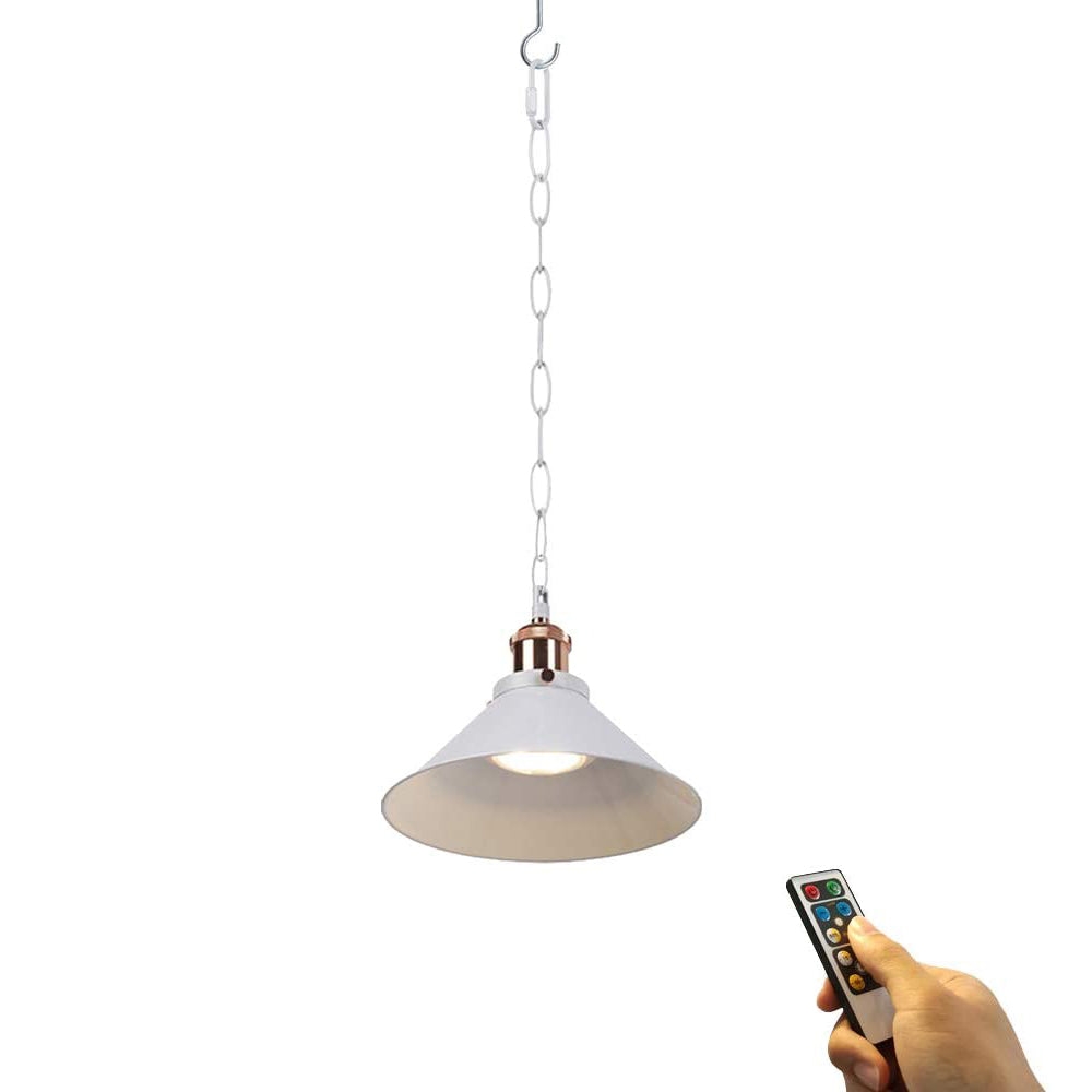 Wireless Battery Operated Pendant Light with White Iron Cone Shade and Chain